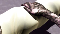 Grey little 3D goblins with long tongues get into all the holes of a young girl