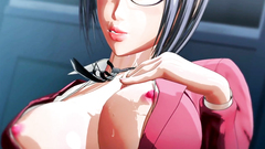 Business woman in a red suit and black stockings masturbates her wet vagina