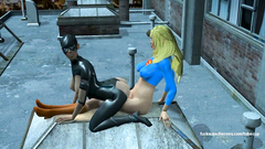 Catwoman in latex costume gets hardcore bangs from sexy Supergirl