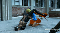 Catwoman in latex costume gets hardcore bangs from sexy Supergirl