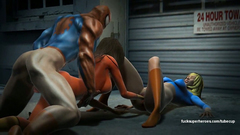 Supergirl licking Spiderwoman pussy while her pussy fucked by Spiderman