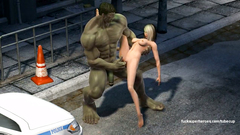 Blonde girl sucks huge cock of cartoon Hulk