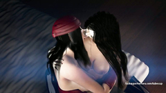 Two girls pirates in sexy stockings rub against each other with their pussy's