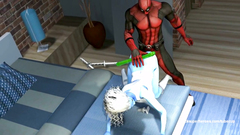 Cartoon Deadpool skillfully licking pussy of sexy blue woman