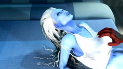 Cartoon Deadpool skillfully licking pussy of sexy blue woman