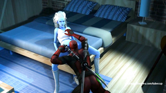 Cartoon Deadpool skillfully licking pussy of sexy blue woman