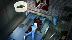 Cartoon Deadpool skillfully licking pussy of sexy blue woman