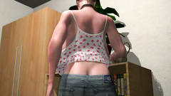 Horny busty 3D chick in tight jeans shorts