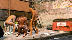 Group brawny guys brutally fucked by two skinny girls on the street