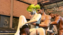 Group brawny guys brutally fucked by two skinny girls on the street