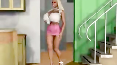 Dirty babe with huge tits and big strapon fucks fucks busty blonde in bathroom