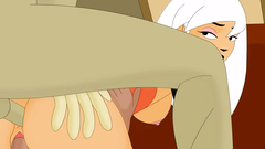 Young blonde girl works with two long dicks in one time