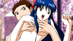 Busty anime girl is being banged by a gang of five horny peckers