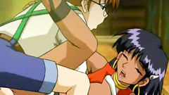 Busty anime girl is being banged by a gang of five horny peckers