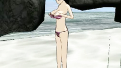 Two guys fucks one busty girl in bikini on the beach