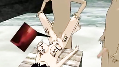 Two guys fucks one busty girl in bikini on the beach