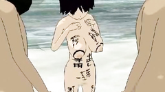 Two guys fucks one busty girl in bikini on the beach