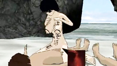 Two guys fucks one busty girl in bikini on the beach