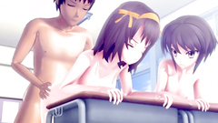 Hardcore threesome 3D sex in school with two virgin teens