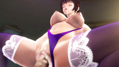 Horny 3D busty brunette in sexy stockings sucks giant cock