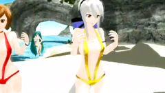 Three incredible anime babes in bikini show their sexy naked bodies on the beach