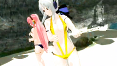 Three incredible anime babes in bikini show their sexy naked bodies on the beach