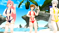 Three incredible anime babes in bikini show their sexy naked bodies on the beach