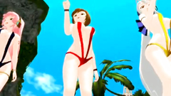 Three incredible anime babes in bikini show their sexy naked bodies on the beach