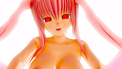 Redhead teen with red eyes and huge boobs ride a dick