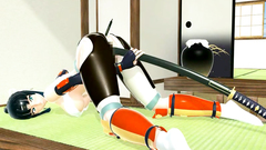 Girl-samurai masturbates her pussy with katana-sword
