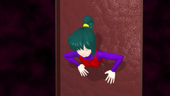 Head with dildo fucks skinny girl is stuck between the wall