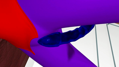 Head with dildo fucks skinny girl is stuck between the wall