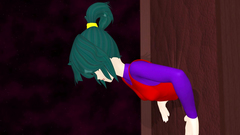 Head with dildo fucks skinny girl is stuck between the wall