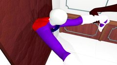 Head with dildo fucks skinny girl is stuck between the wall