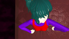 Head with dildo fucks skinny girl is stuck between the wall