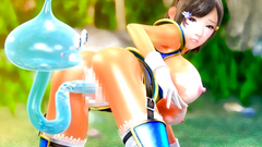 Cute hentai brunette in a magical armor swallows trunk of a strange creature