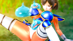 Cute hentai brunette in a magical armor swallows trunk of a strange creature