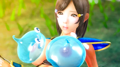 Cute hentai brunette in a magical armor swallows trunk of a strange creature