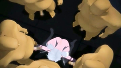 Sexy anime girl in the circle of kinky naked males of unknown origin