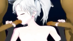 Sexy anime girl in the circle of kinky naked males of unknown origin