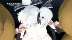 Sexy anime girl in the circle of kinky naked males of unknown origin