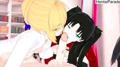 Threesome with Saber and Rin Tohsaka Fate GO Hentai