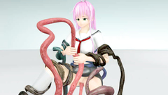 Tentales cover the skinny and busty body of a hot cartoon heroine