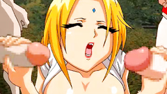 Busty whore Tsunade sucks cocks of Jiraiya Sensei and Orochimaru