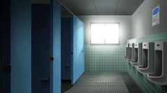 Petite brunette sucks giant cock in the school restroom