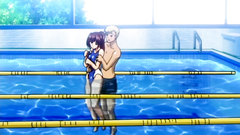 Big breasted babe in swimsuit gets nailed in her shaved twat