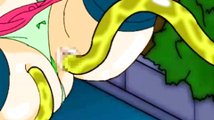 Big breasted blonde babe in tiny skirt gets attacked by tentacles