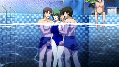 Young busty babe molested in the pool by two horny dudes