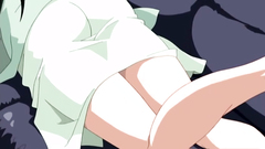 Short-haired brunette with big tits plays with cock