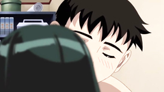 Short-haired brunette with big tits plays with cock